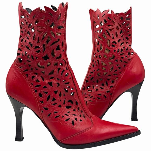 ANGELA FALCONI LASER CUT BOOTS CHERRY RED LEATHER BOHO COWGIRL SIZE 37 6.5 7 - Picture 2 of 6